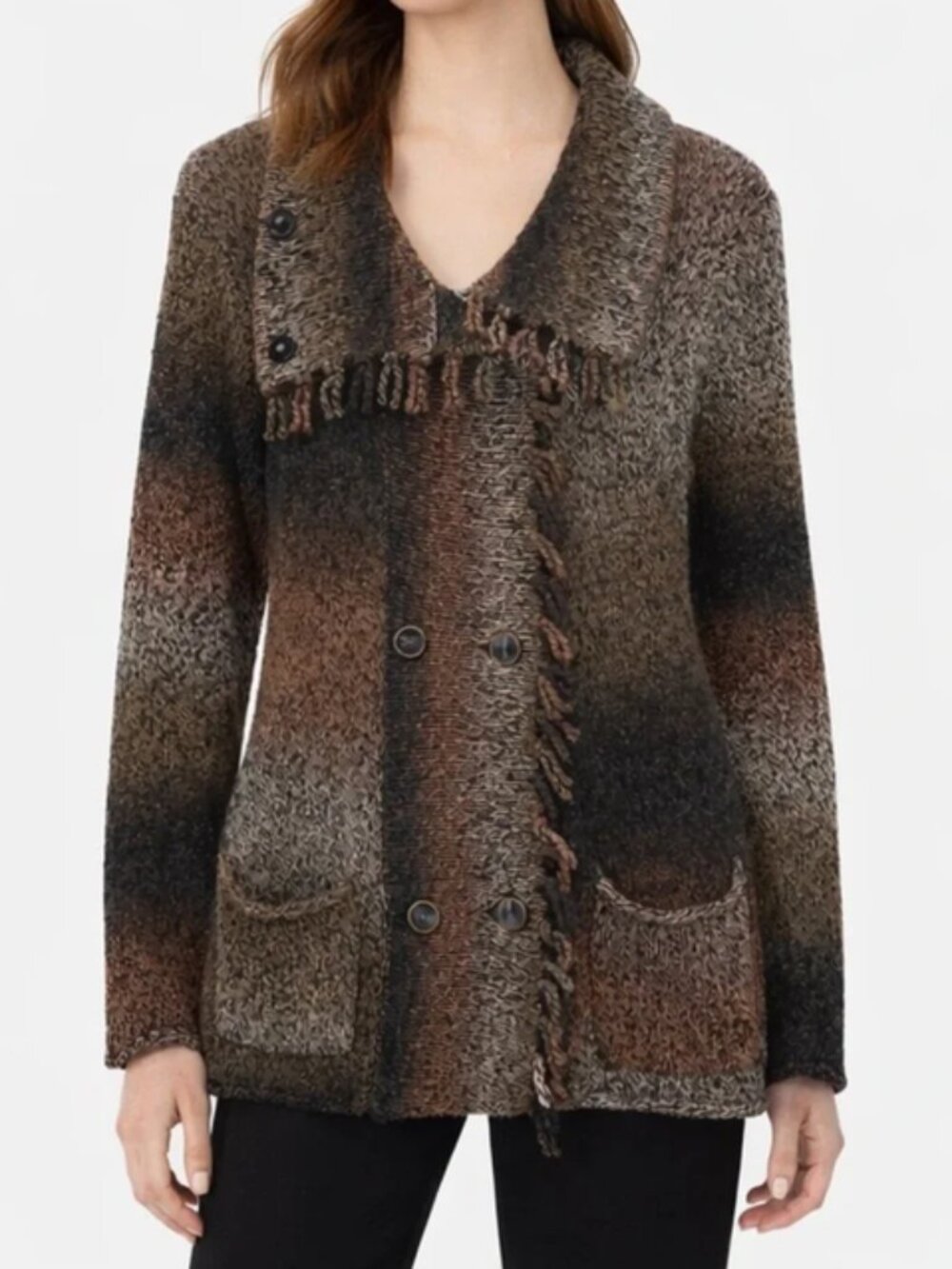Cabi Style 903 Multi Shades Of Brown Fringe Cardigan Sweater size M